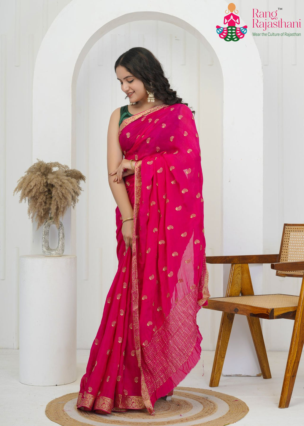 rani chinnon saree with embroidered butti and banarasi zari side drape view