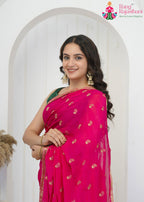 Rani Chinon saree with Embroidered butti and Banarasi Zari Border back view