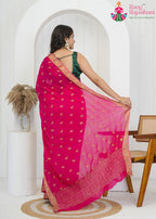 Rani Chinon saree with Embroidered butti and Banarasi Zari Border close up detailing