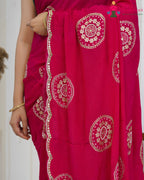 Rani Chinon saree with Zari Work close up detailing