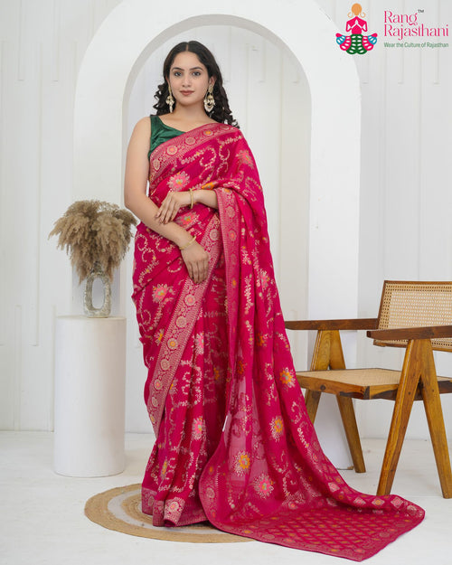 Rani Pure Crepe Chinon Bridal Pattern Saree : Floral Heritage Glow