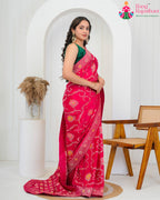 Rani Pure Crape Chinon saree with Banarasi Khaddi Work Mina Jaal side drape view