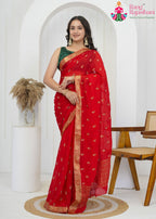 Red Pure Chinon Wedding saree with Embroidered butti and Banarasi Zari Border from Rang Rajasthani
