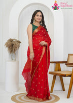 Red Pure Chinon saree with Embroidered butti and Banarasi Zari Border side drape view