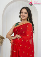 Red Pure Chinon saree with Embroidered butti and Banarasi Zari Border back view