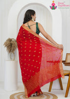 Red Pure Chinon saree with Embroidered butti and Banarasi Zari Border close up detailing