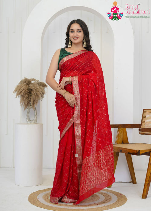 Red Pure Chinnon Graceful Wedding Saree : Soft Banarasi Charm