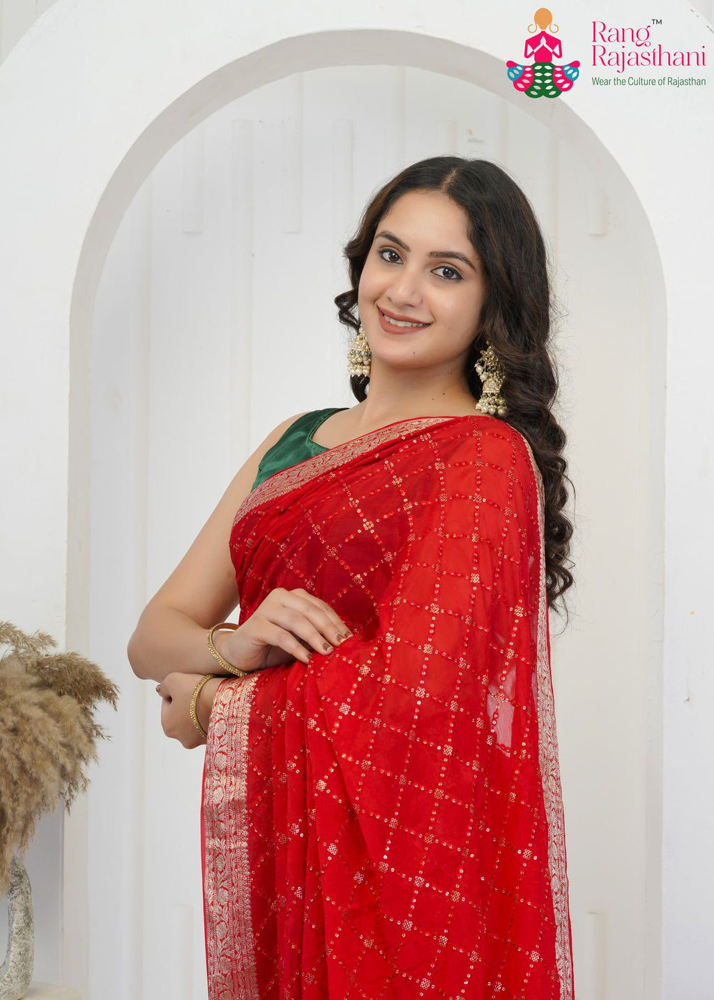 Red Chinon saree with Sequence close up detailing