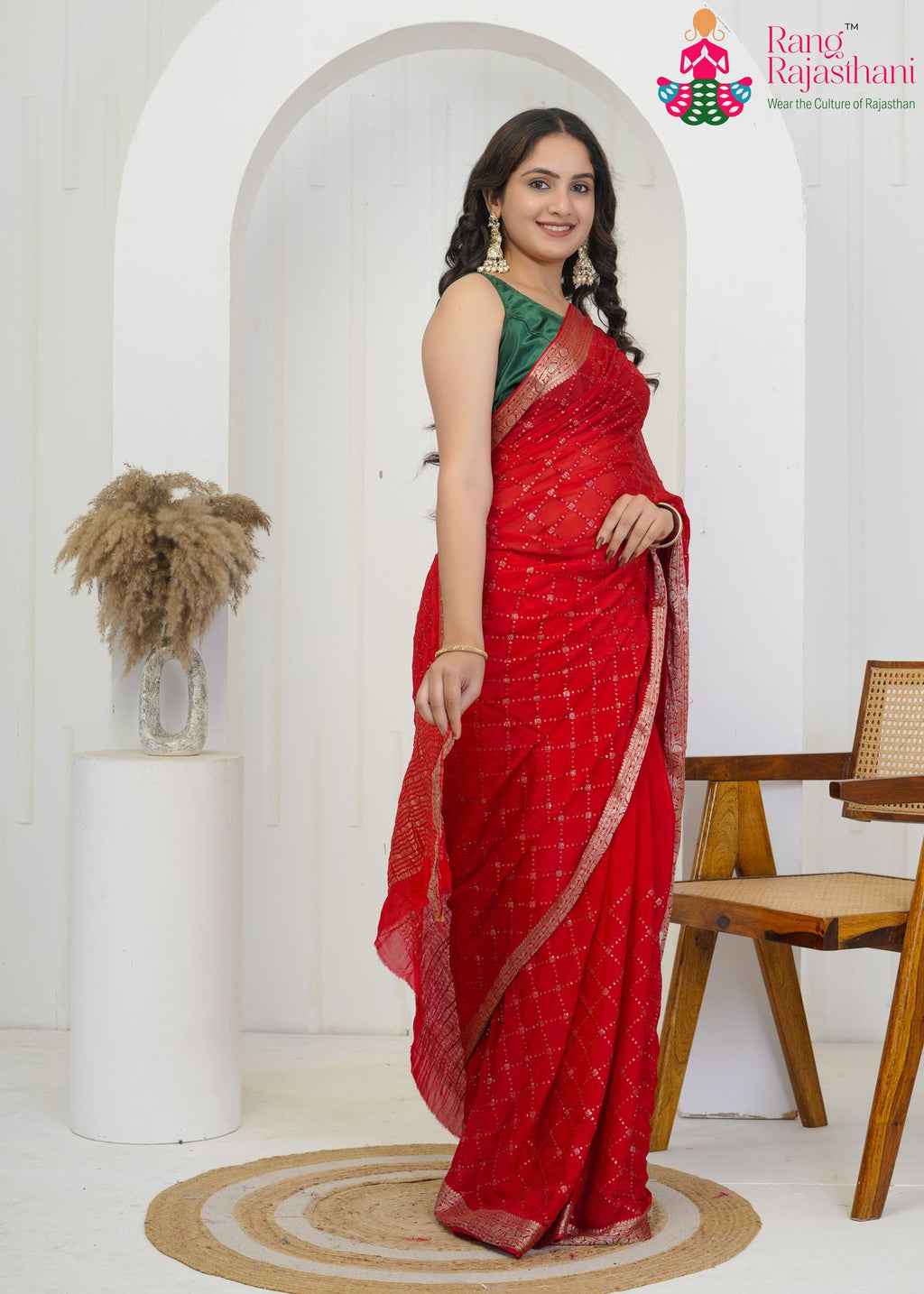 Red Chinon saree with Sequence side drape view