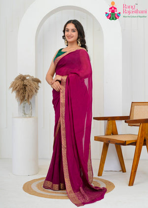Wine Chinnon Plain Saree for Wedding Guest | Latest Pick