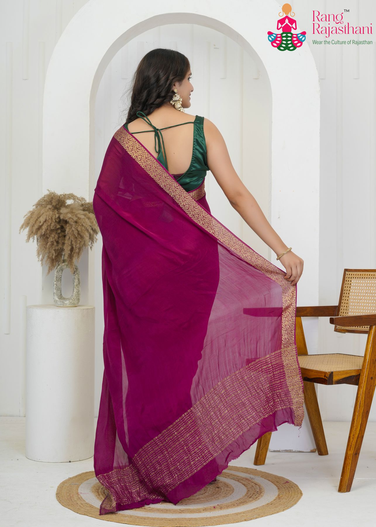 wine pure saree with zari work for traditional function back view