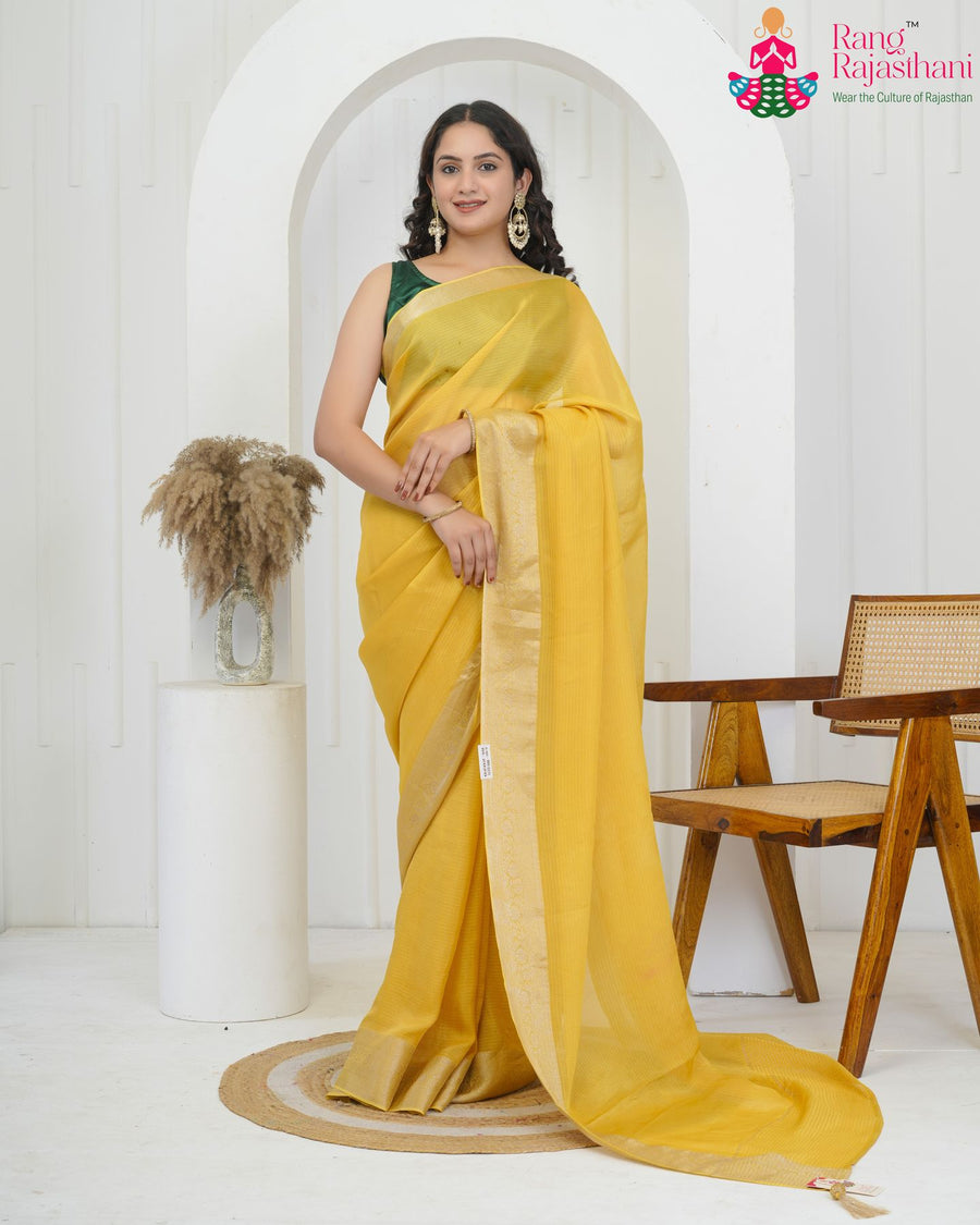 Yellow Pure Kora Silk Saree for Festive Celebration | Style Pick