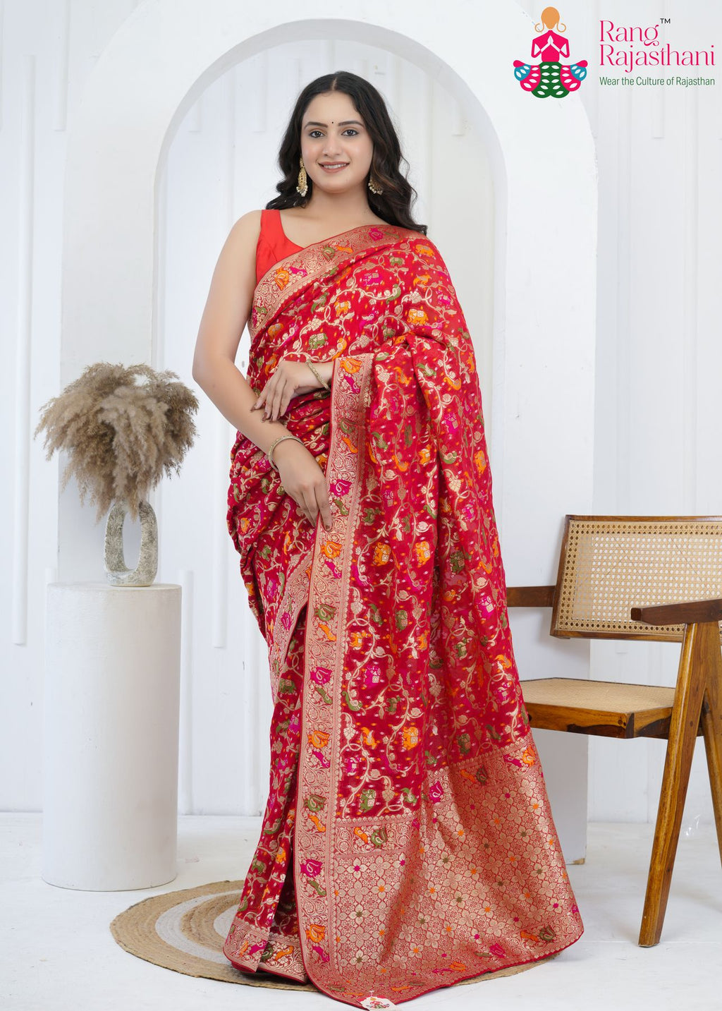 Red Khaddi Georgette Heritage Saree : Meenakari Rajwadi Glow