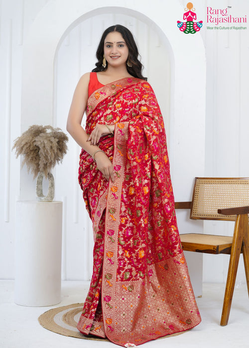 Red Khaddi Georgette Heritage Saree : Meenakari Rajwadi Glow
