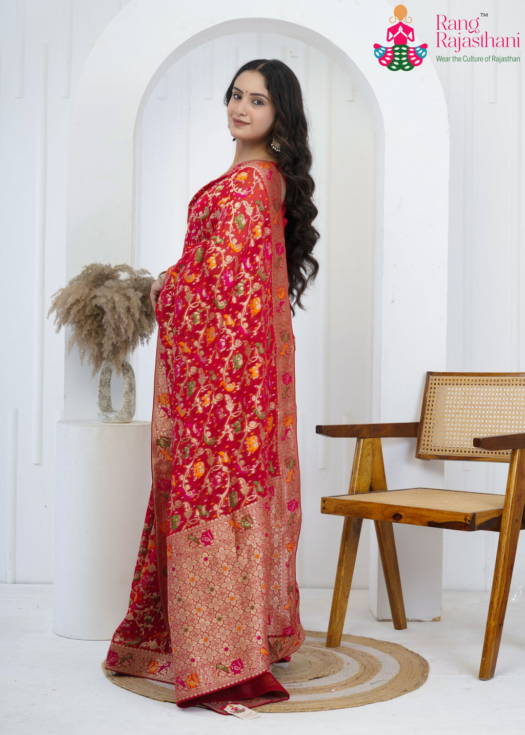 Red Khaddi Georgette Heritage Saree : Meenakari Rajwadi Glow