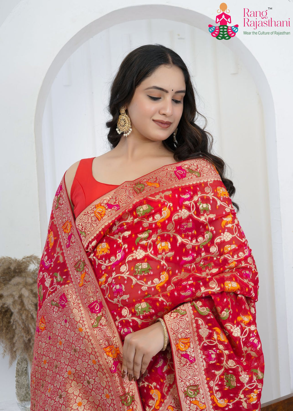 Red Khaddi Georgette Heritage Saree : Meenakari Rajwadi Glow