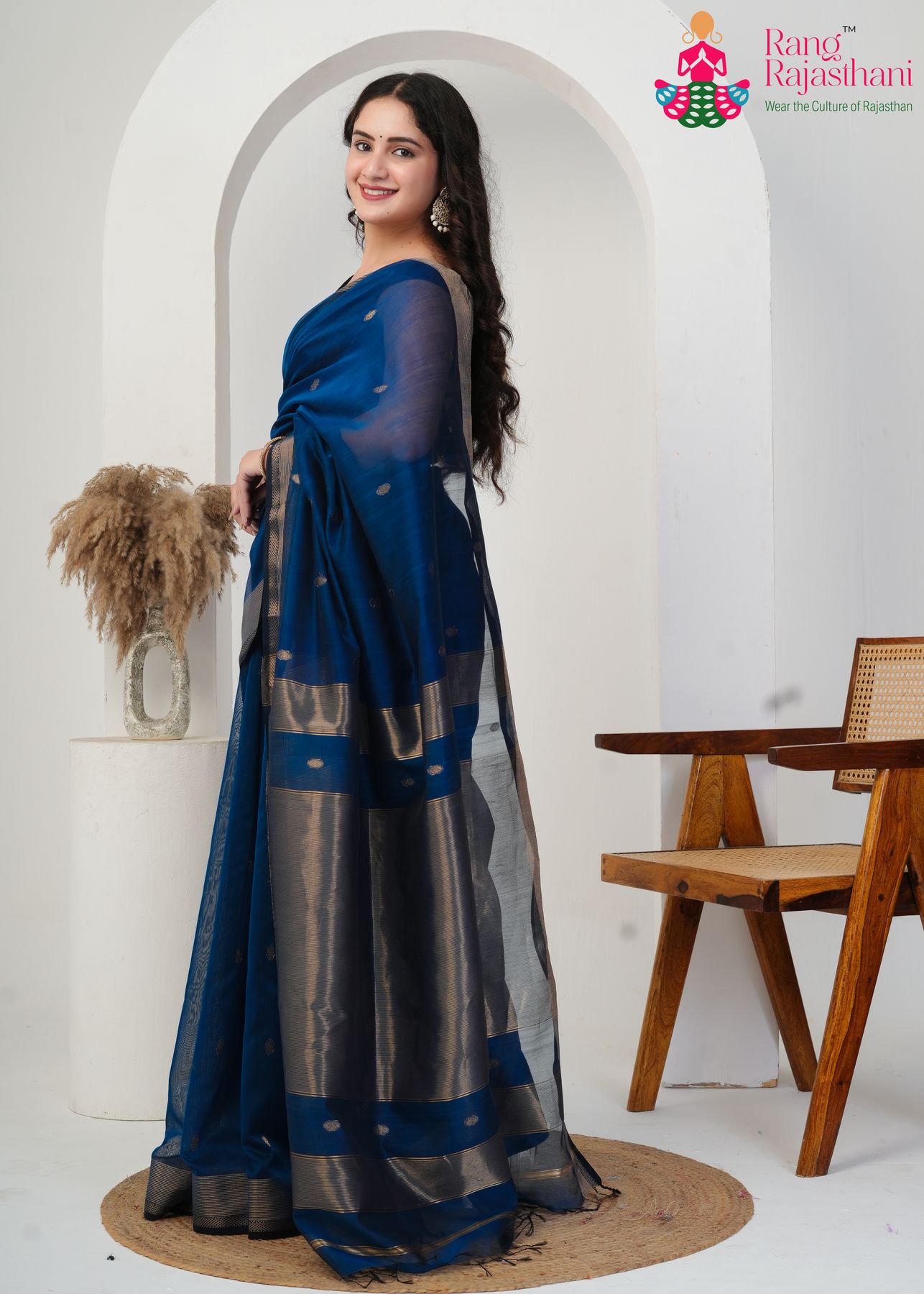 Navy Maheshwari Silk Official Saree : Subtle Weave Elegance