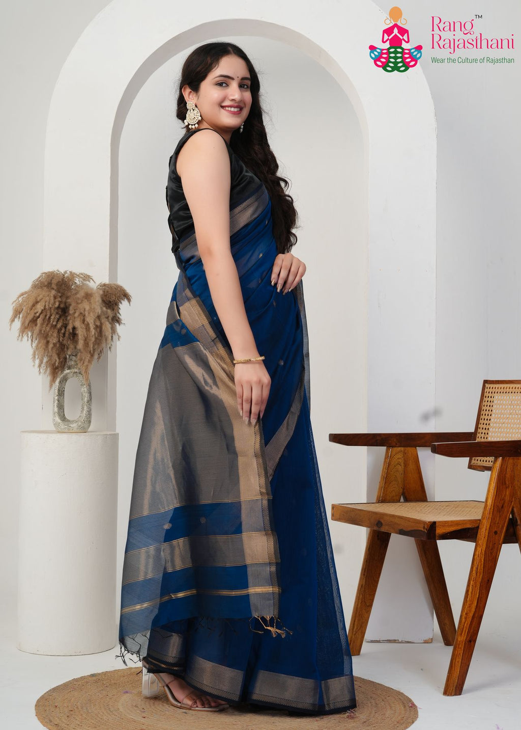 Blue Pure Maheshwari Silk saree with Khaddi Work pallu detailing