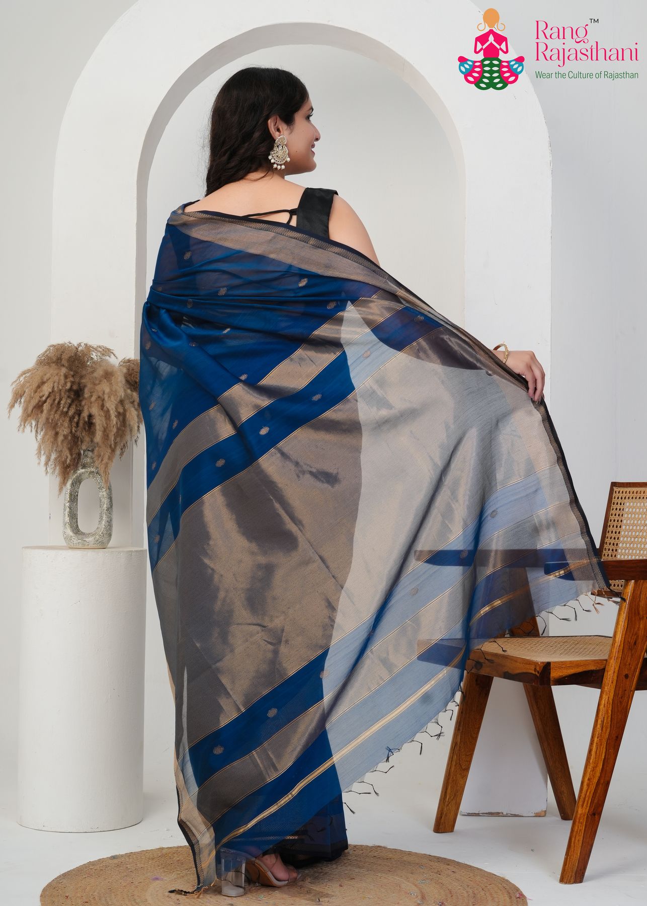 Navy Maheshwari Silk Official Saree : Subtle Weave Elegance