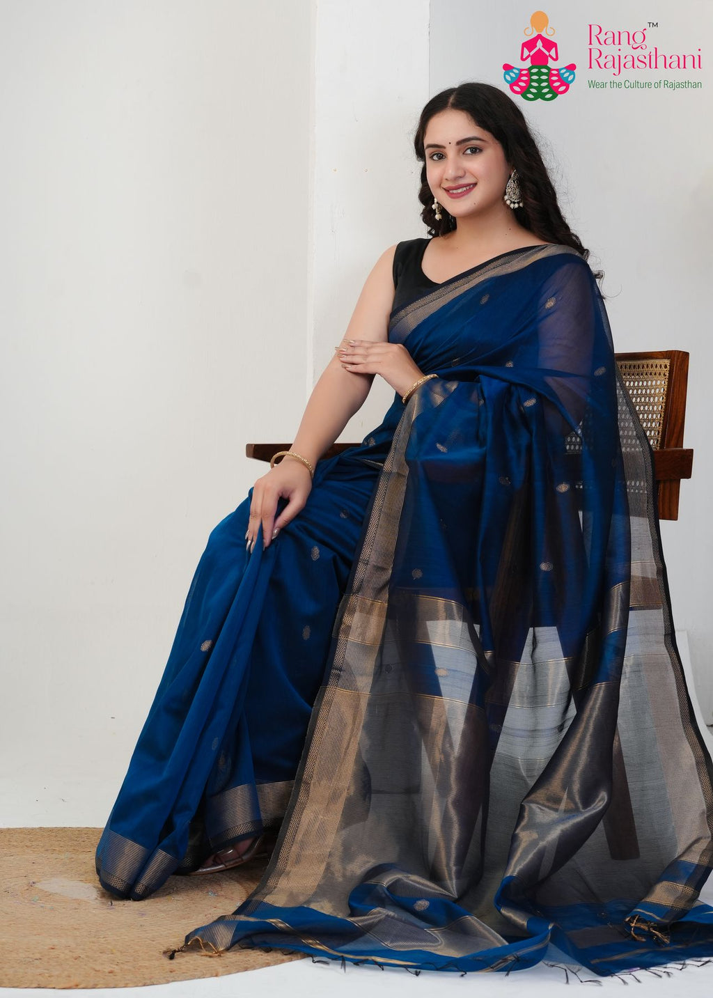 Blue Pure Maheshwari Silk saree with Khaddi Work pleats view