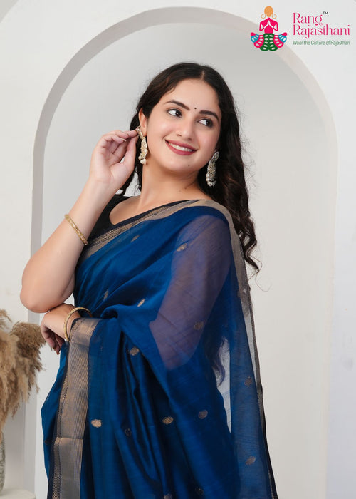 Blue Pure Maheshwari Silk saree with Khaddi Work close up detailing