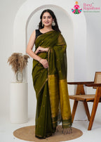 Olive Pure Maheshwari Silk office party saree with Khaddi Work from Rang Rajasthani
