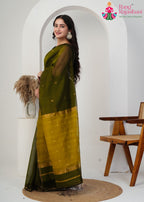 Olive Pure Maheshwari Silk saree with Khaddi Work side drape view
