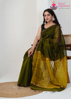 Olive Pure Maheshwari Silk saree with Khaddi Work pleats view