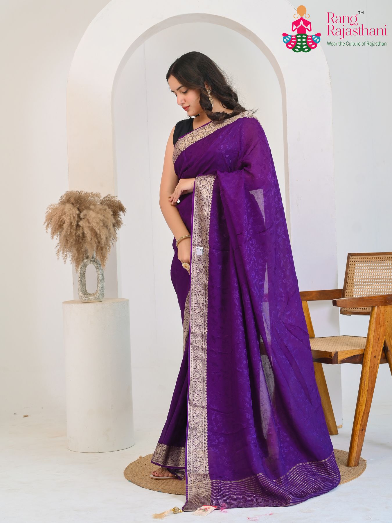 violet pure silk saree with jacquard texture for sister's wedding back view