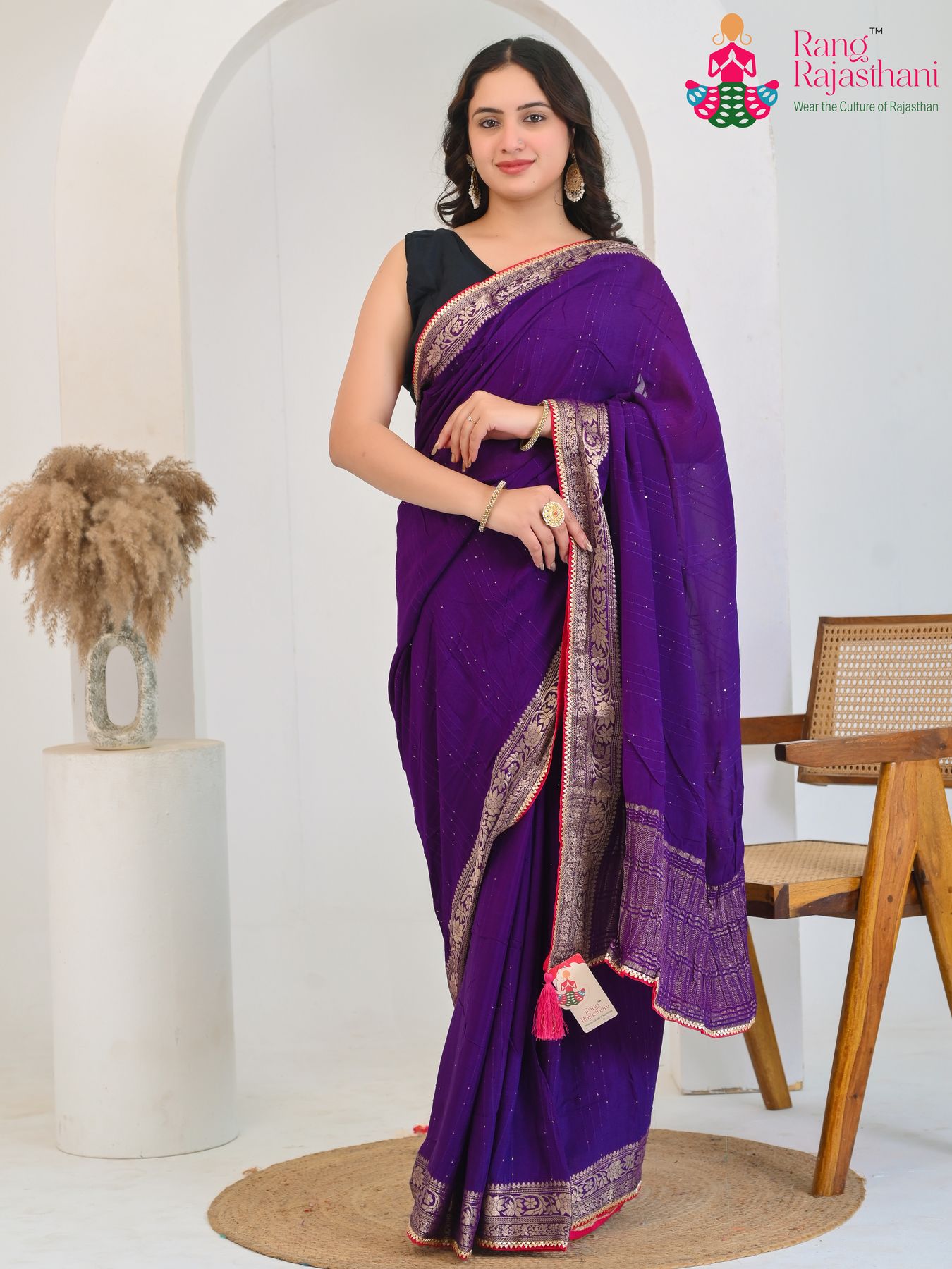 violet chinnon saree with sequence for engagement ceremony