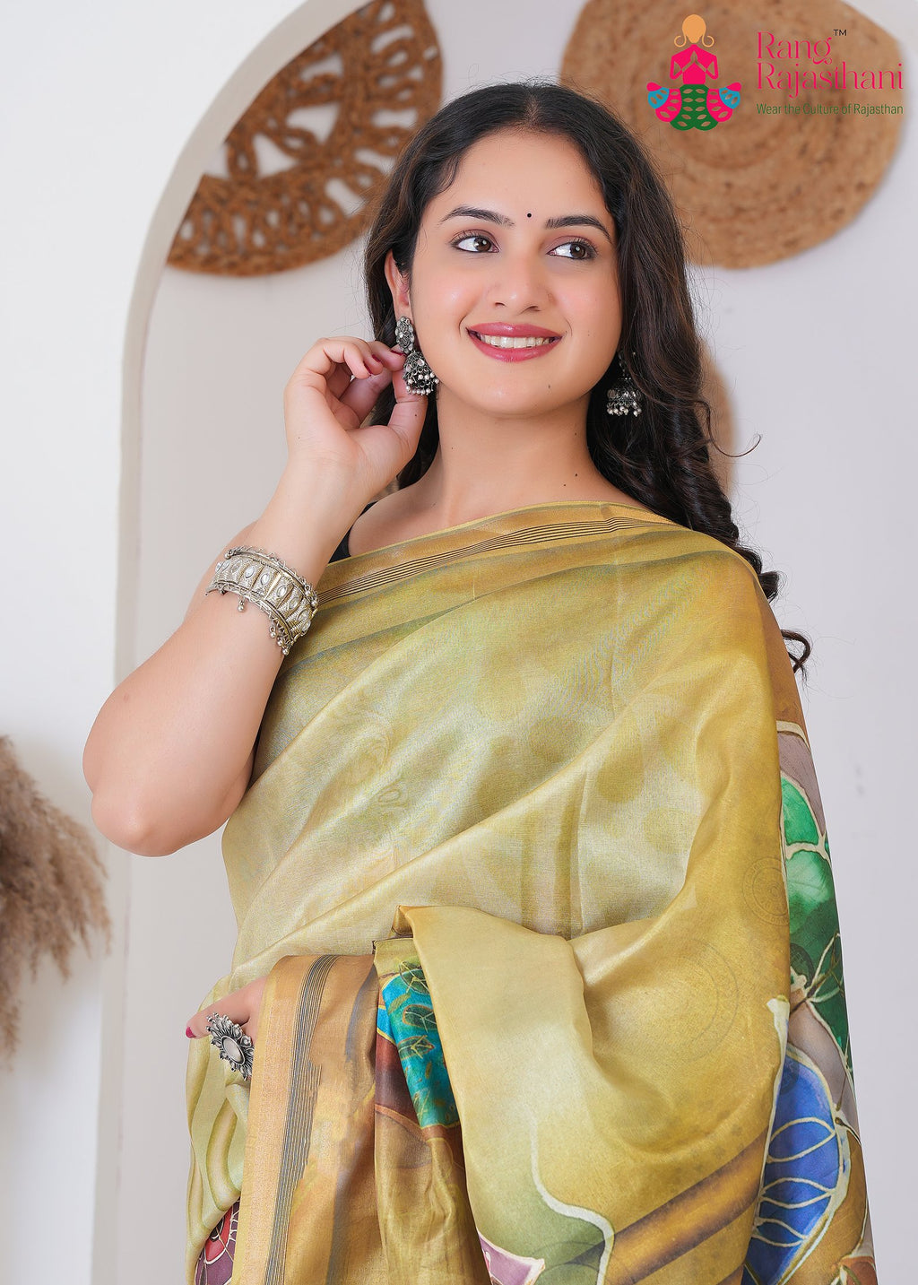 Green Imported saree with Printed close up detailing