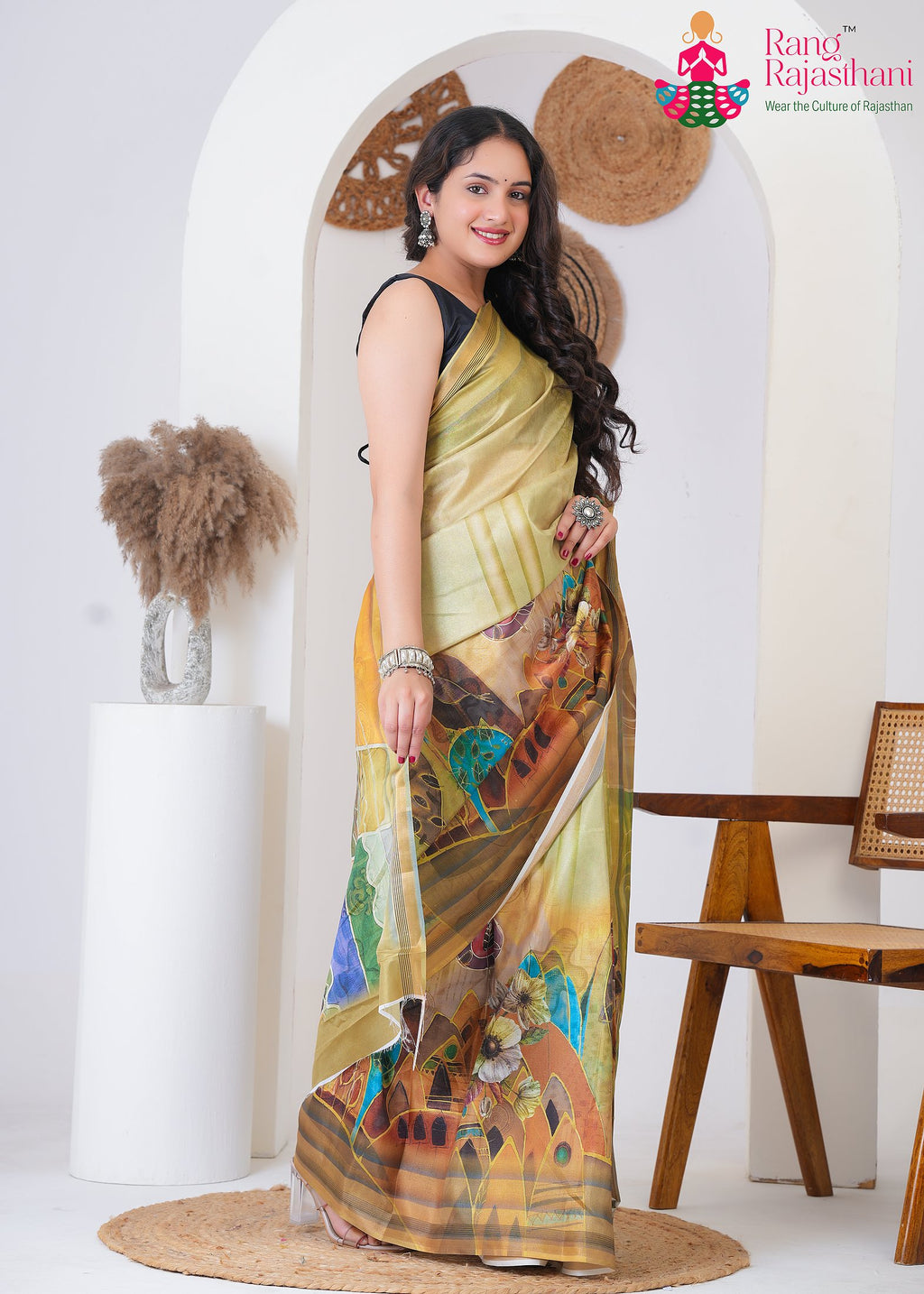 Green Imported saree with Printed side drape view