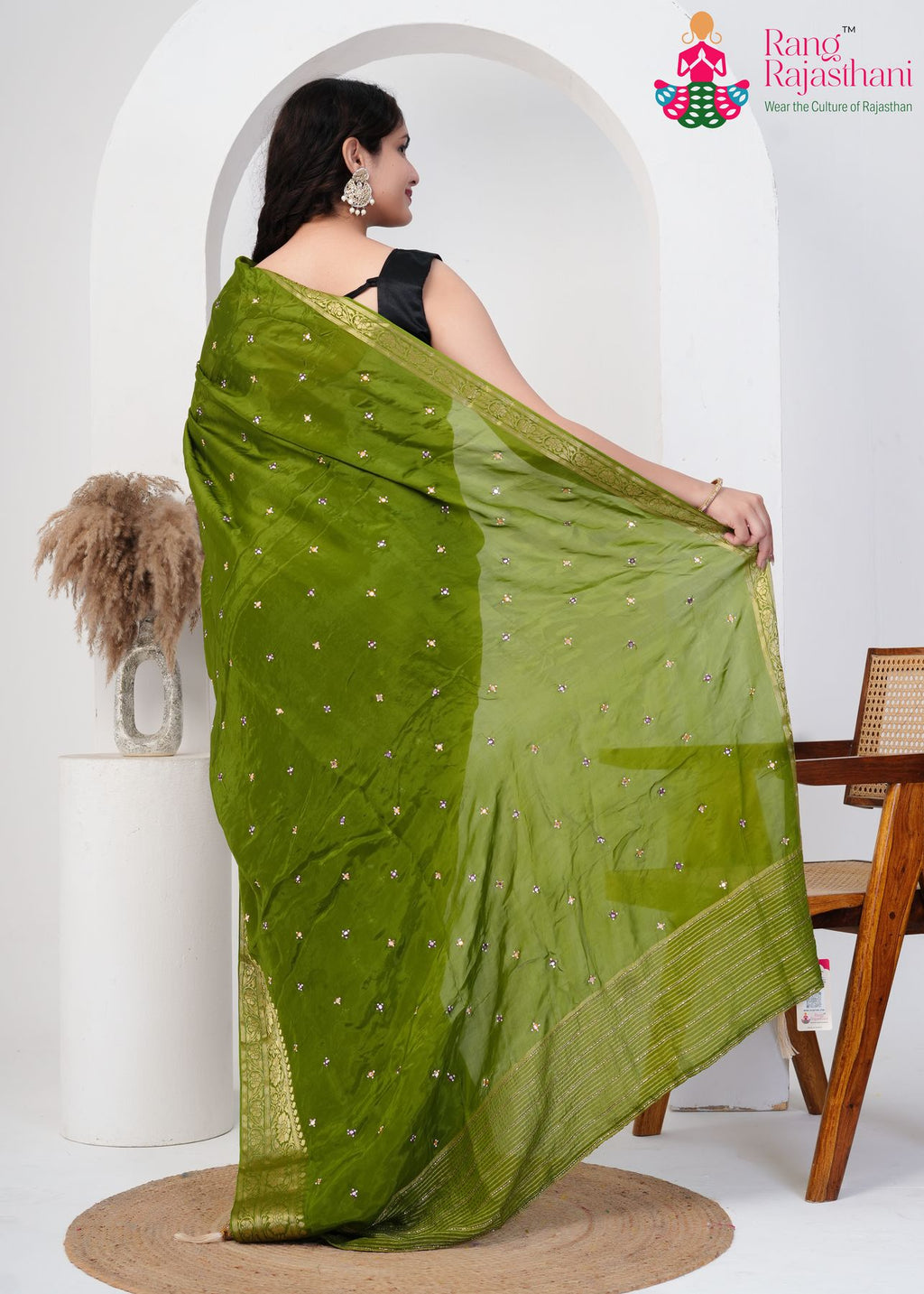 Olive Silk saree with Sequence back view