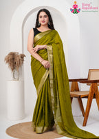 Olive Pure Silk office party saree with Jacquard from Rang Rajasthani