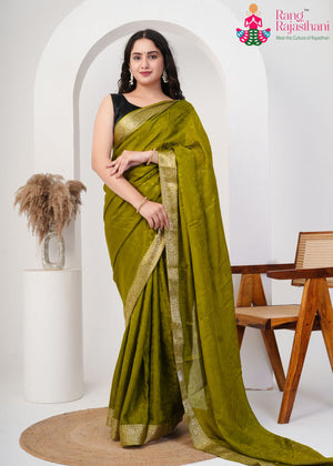Green Pure Ho Silk Jacquard Weave Plain Saree for Mehendi Ceremony | Authentic Weave