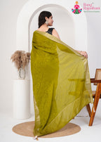 Olive Pure Silk saree with Jacquard back view