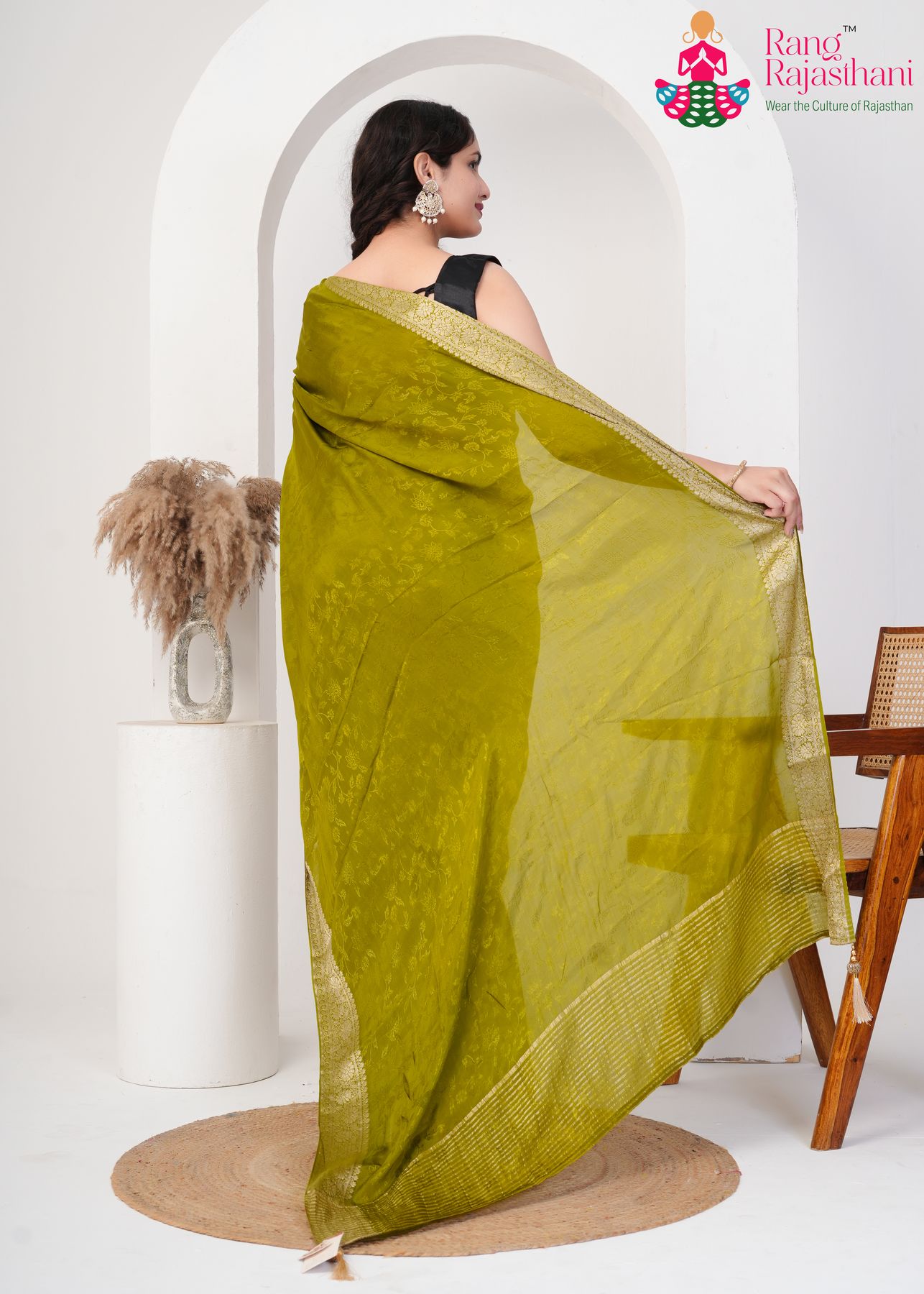 olive pure silk saree with jacquard for festive celebration back view