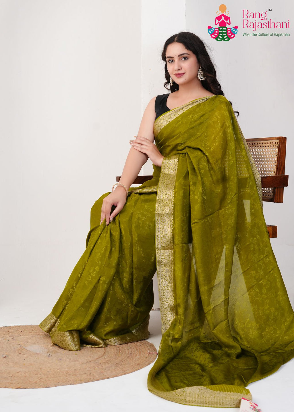 Olive Pure Silk saree with Jacquard pleats view