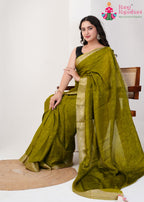 Olive Pure Silk saree with Jacquard pleats view