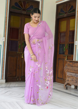 Purple Synthetic Brush Print Saree for Raksha Bandhan | Traditional Edit