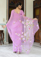Purple Synthetic Georgette saree with Hand Brush Print back view