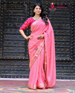 Pink Chinnon Plain Saree for Sangeet Night | Luxury Edit