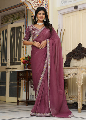 Wine Art Silk Zari Embroidery Plain Saree for Wedding Reception | Curated Edit