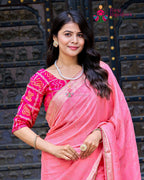 Pink Chinon saree with Resham Sequence close up detailing