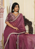 Onion Imported saree with Rich Border close up detailing