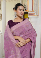 Onion Imported saree with Resham and Micro Sequence close up detailing