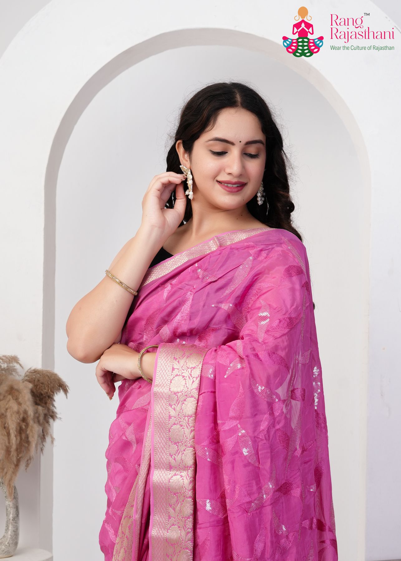 Onion Pink Chinon Lustre Saree : Festive Bloom