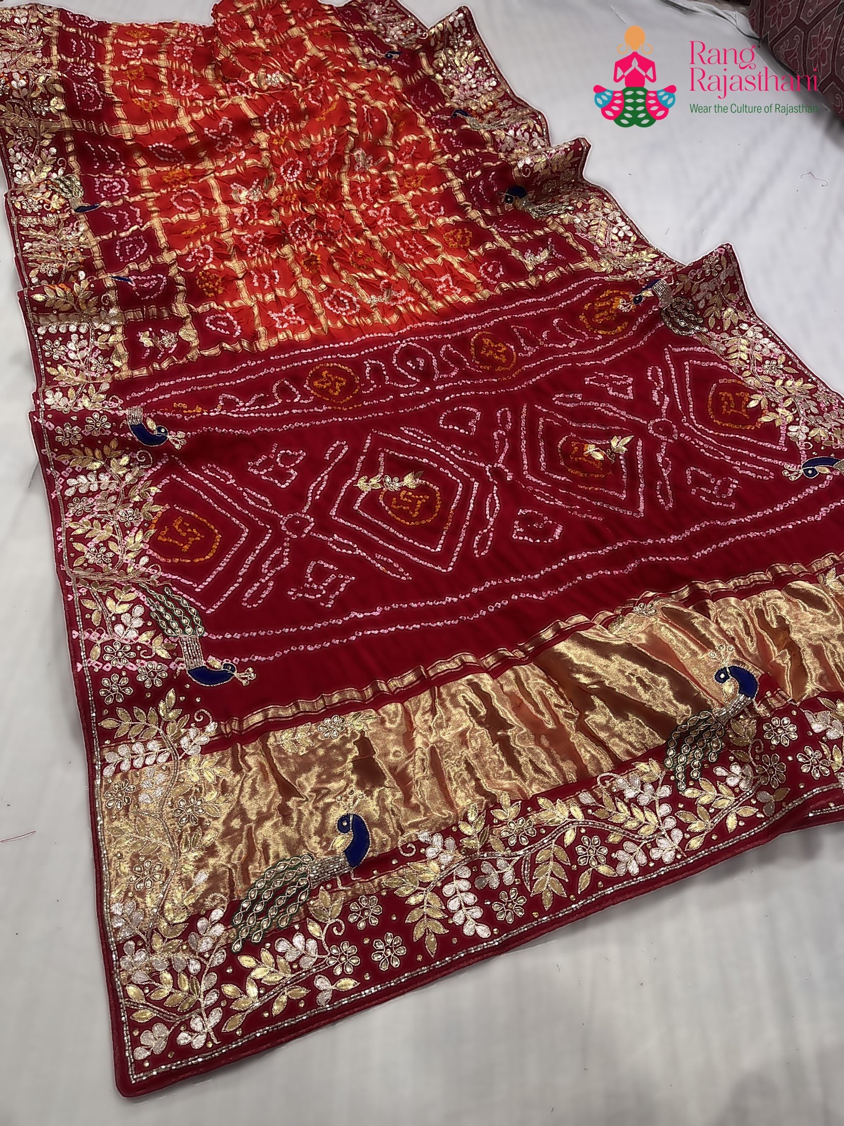 orange gajji silk hand embellishment saree for mayra ceremony by Rang Rajasthani