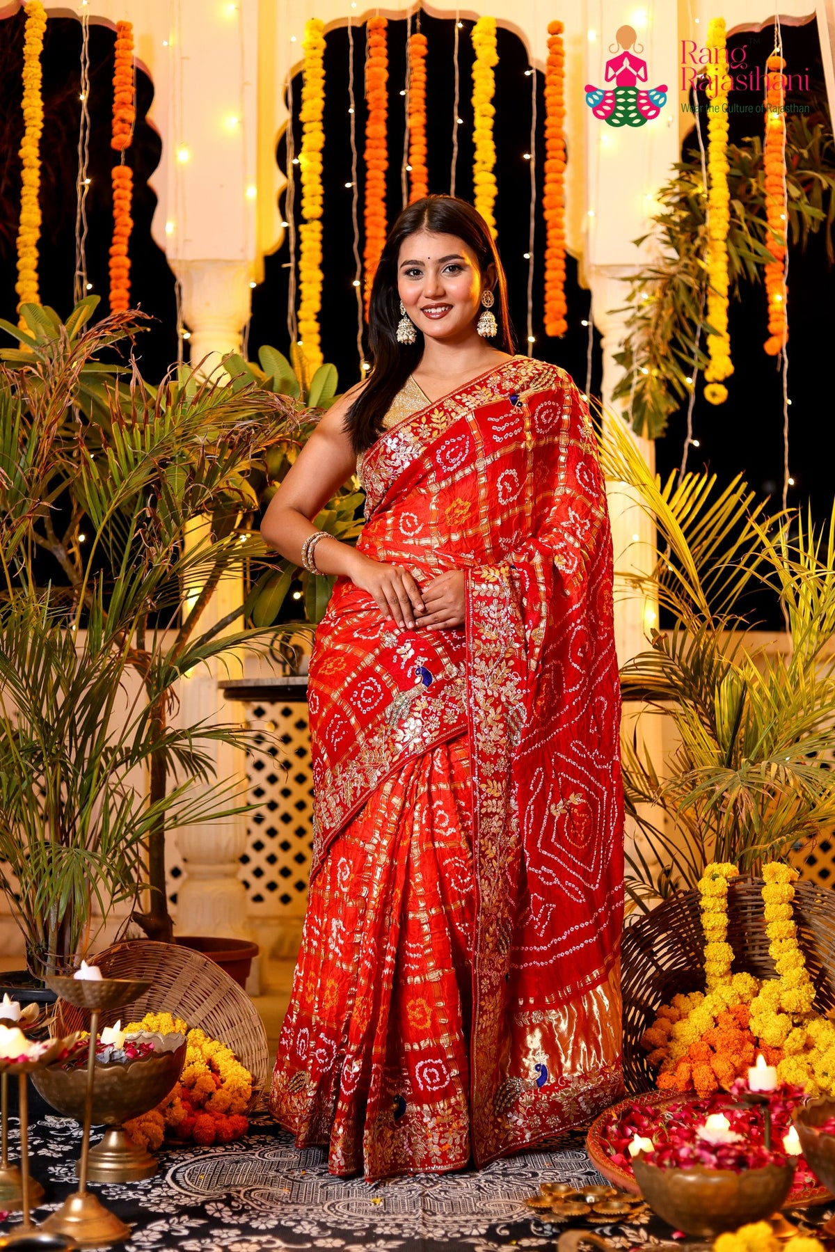 Orange Pure Gaji Silk Hand Tie Dye Bandhani Gharchola Saree for Mayra Ceremony | Buy Now