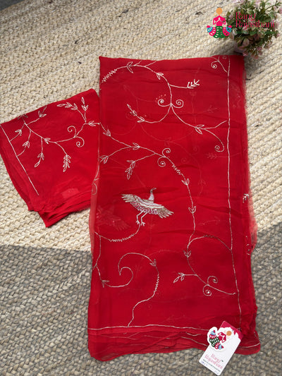 Orange Pure Chiffon Rajputi Aari Tari Saree for Bridal | Designer Collection